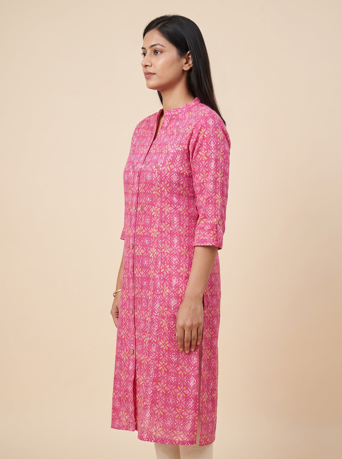 Pink Patterned Printed Rayon Slim Fit Collared Kurti – image 2