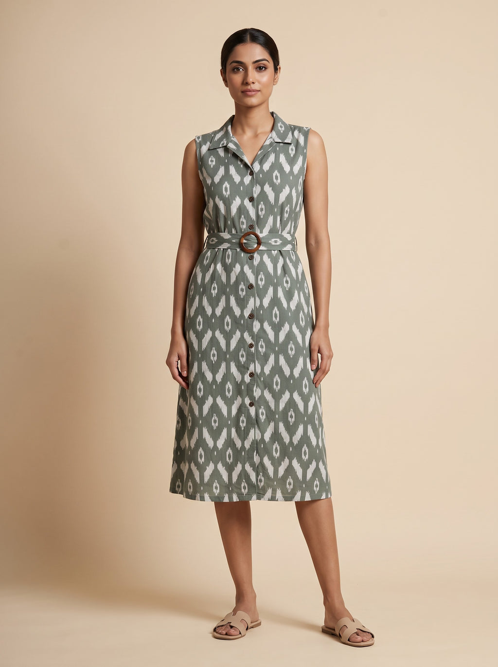 Light Olive Green Floral Print Sleeveless Cotton Blend Kurti – image 1