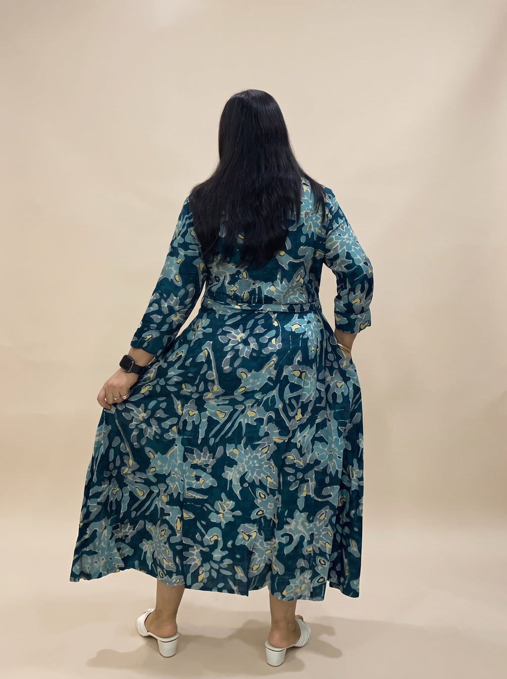 GLAMIRE FASHION Teal Blue Floral Print Rayon Maxi Dress – image 3
