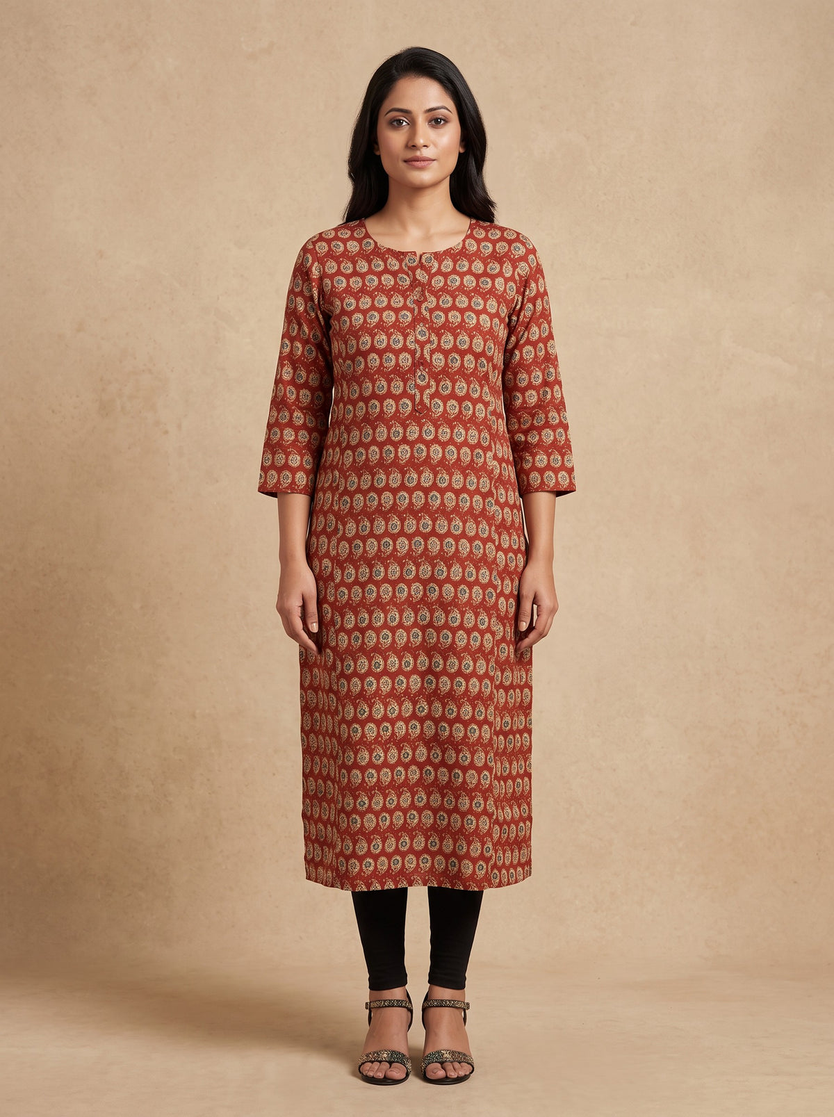 Maroon Printed Rayon Below Knee Slim Fit Kurti with 3/4 Sleeves – image 1