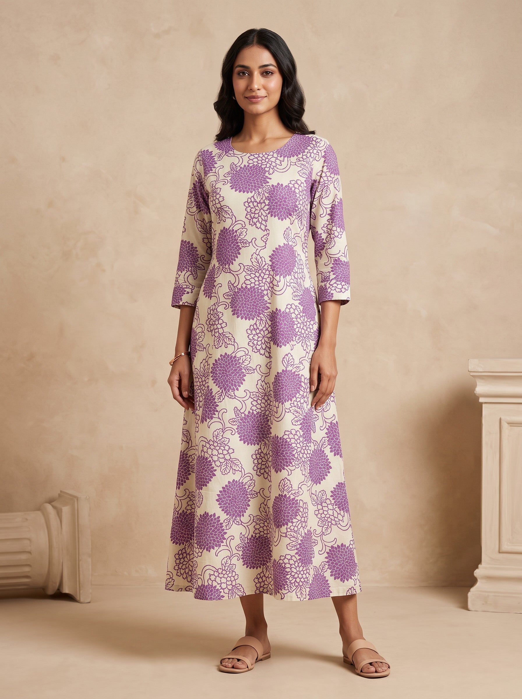 Purple Floral Print Rayon Flared Maxi Dress with Neck Embroidery – image 4