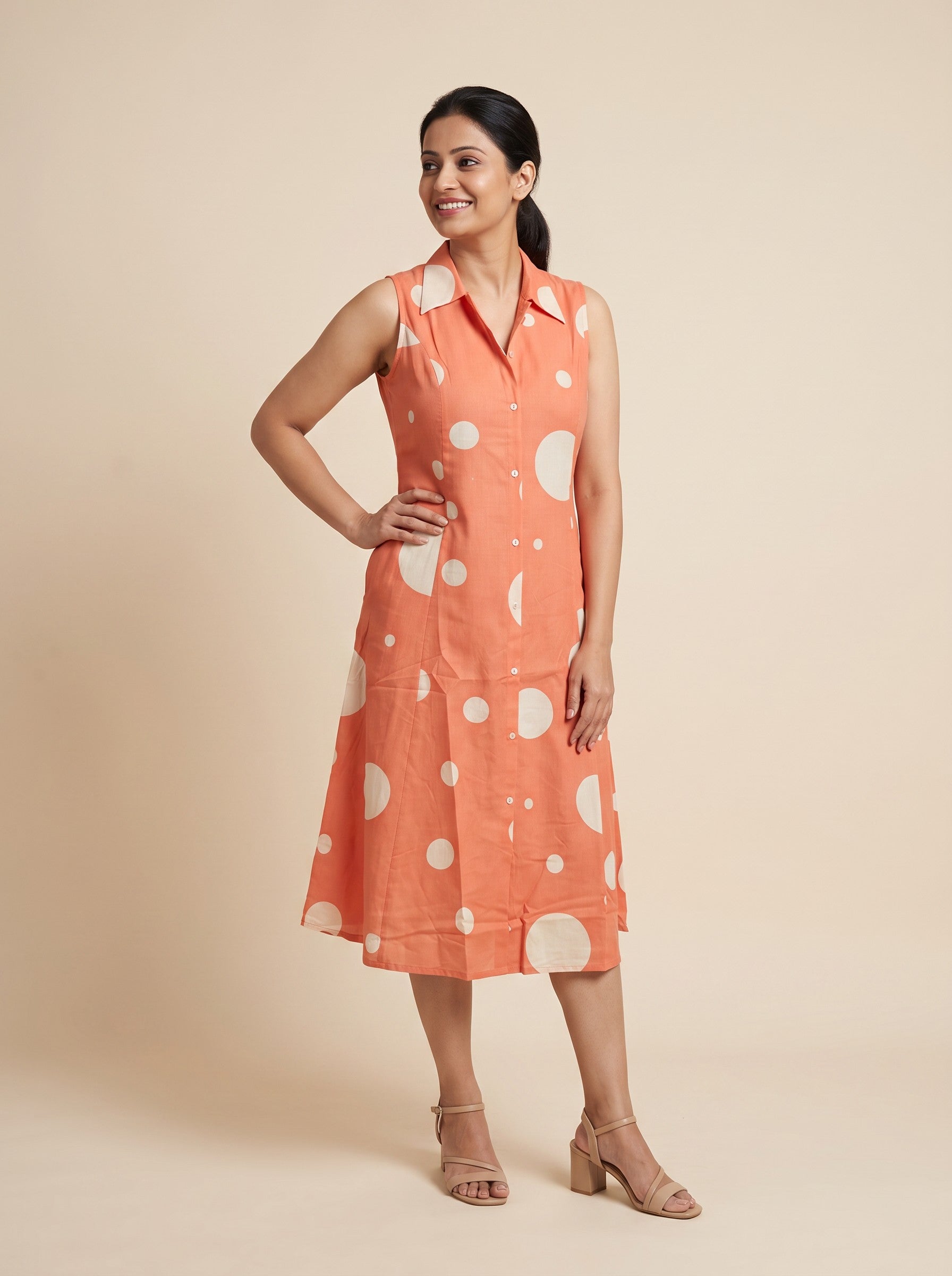 Orange Printed Sleeveless Collared Cotton Blend Dress – image 1