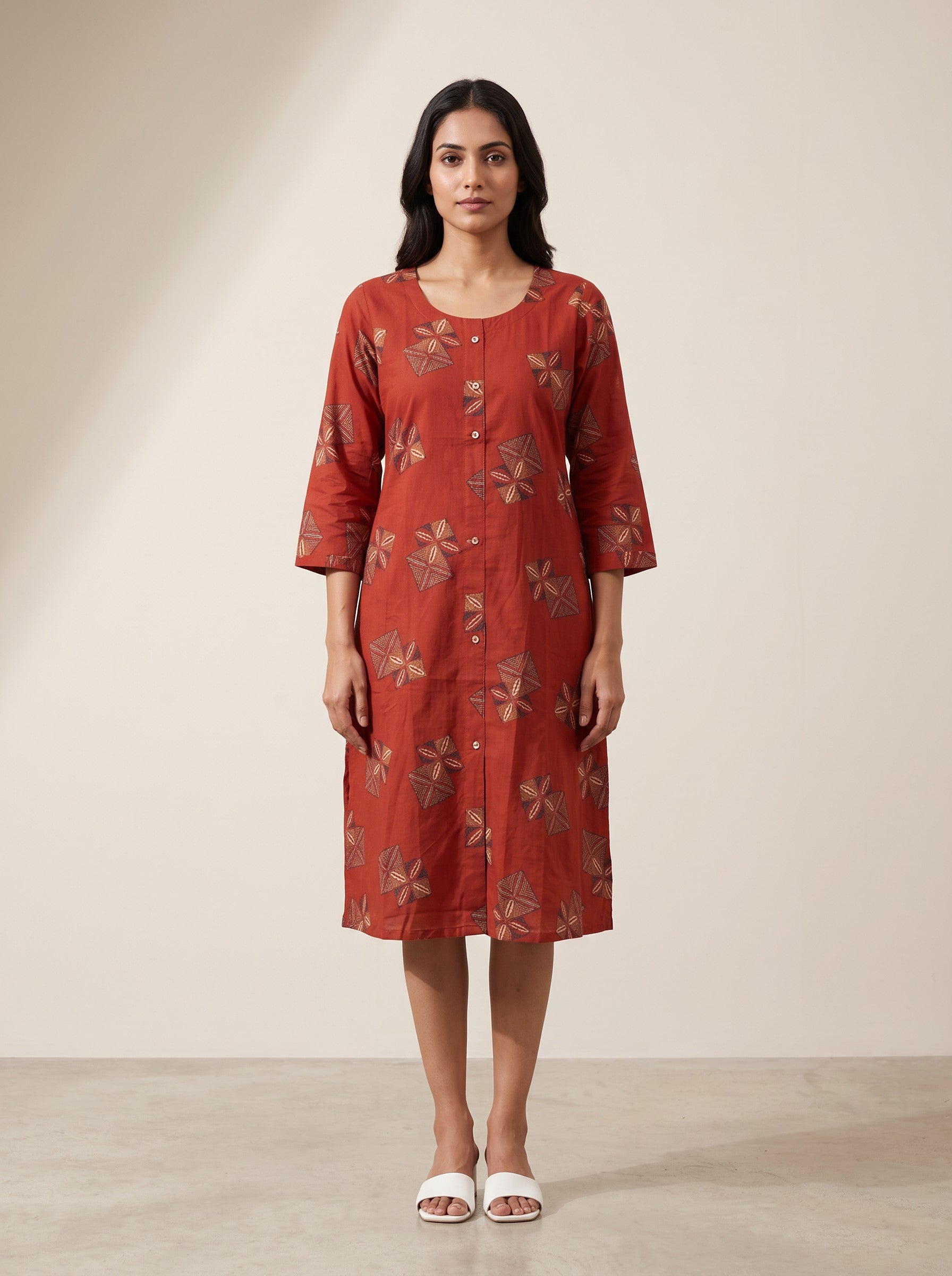 GLAMIRE FASHION Brick Red Printed Rayon Straight Dress – image 1
