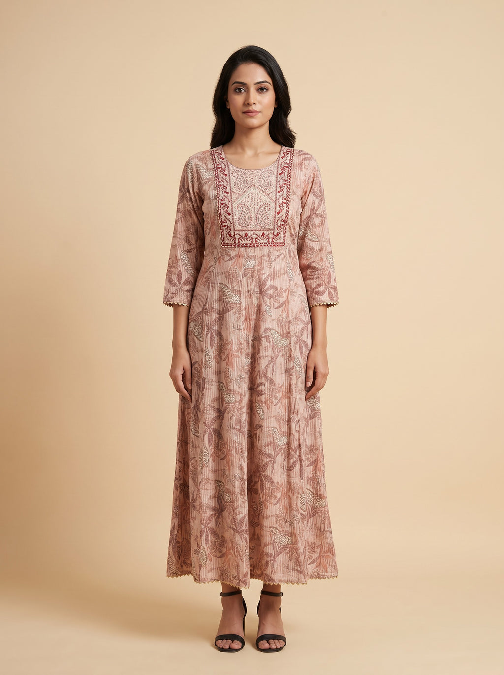 Light Pink Floral Rayon Maxi Dress with Neck Embroidery – image 1