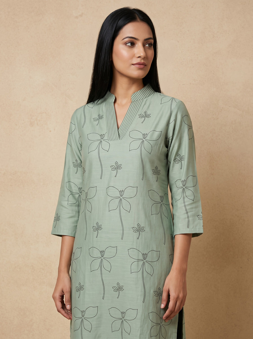 Light Olive Green Rayon Floral Print V-Cut Kurti – image 4