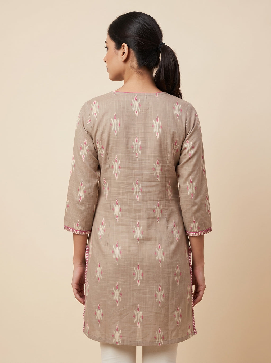 Light Brown Cotton Abstract Print Round Neck Short Kurti – image 3