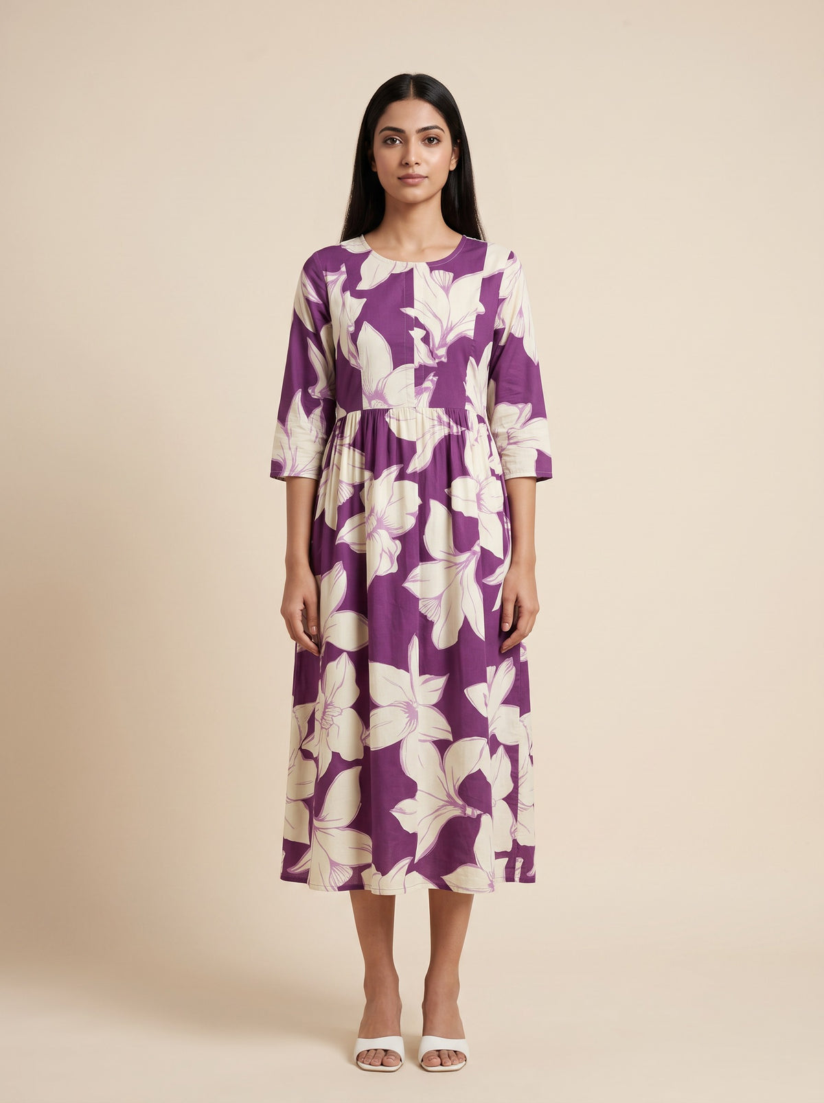 Purple and White Floral Print Rayon Below Knee Dress – image 1