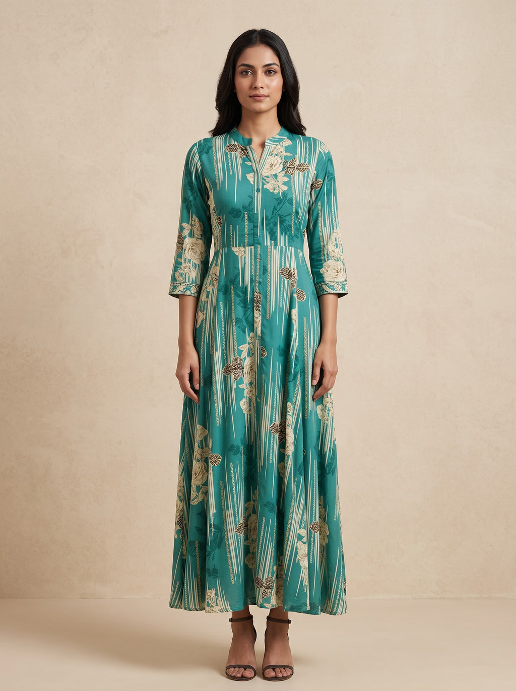 Teal Floral Printed Rayon Relaxed Fit Maxi Dress – image 1