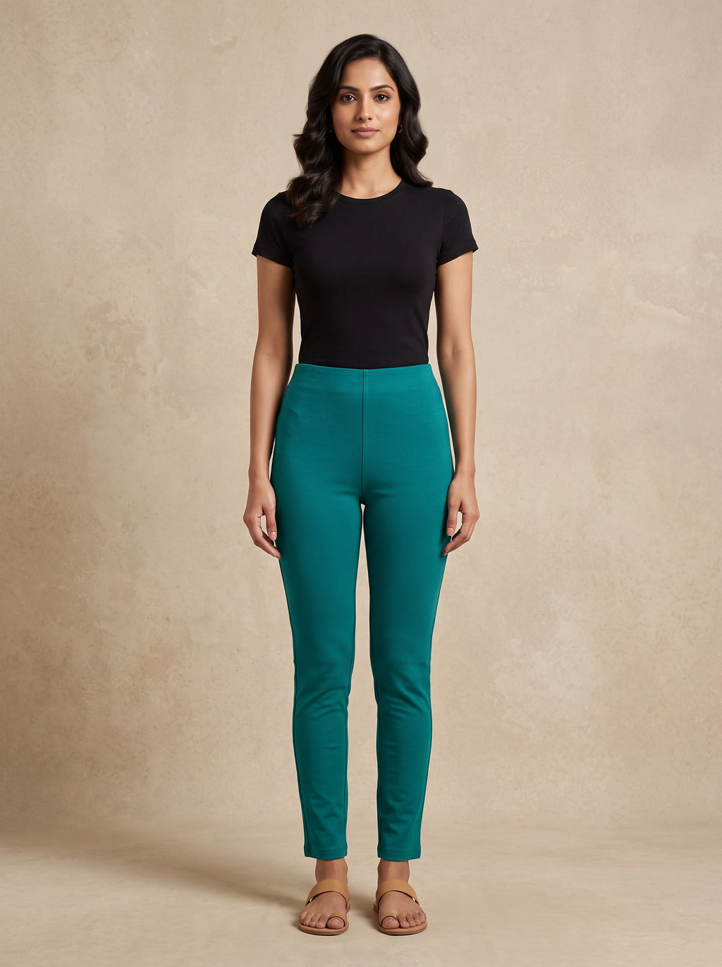 Teal Solid 350GSM Cotton Straight Fit Ankle Length Leggings – image 1