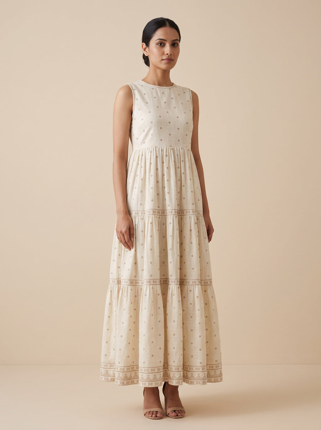 GLAMIRE FASHION Beige Embroidered Sleeveless Cotton Blend Dress – image 2