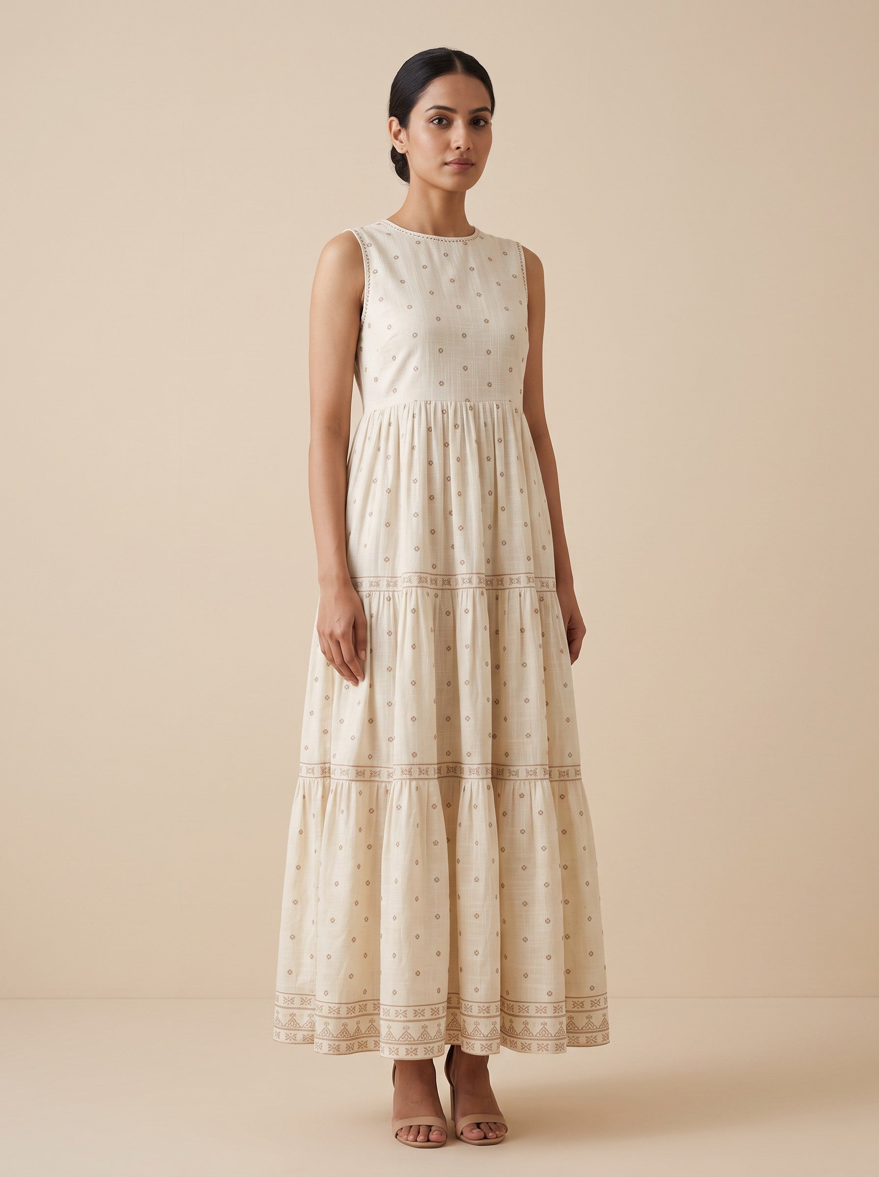GLAMIRE FASHION Beige Embroidered Sleeveless Cotton Blend Dress – image 2