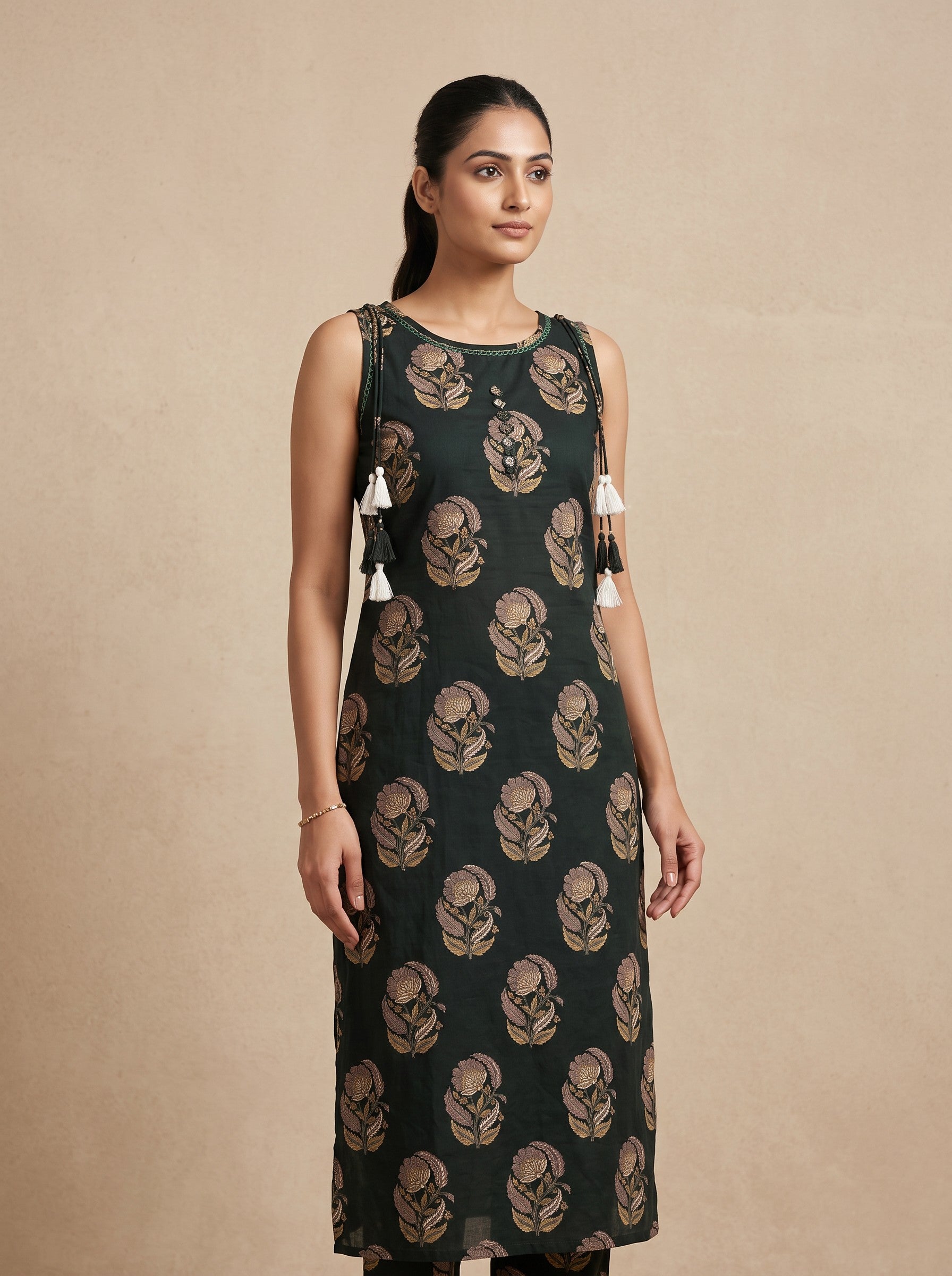 Dark Green Sleeveless Printed Cotton Blend Kurti with Bottom Wear – image 2