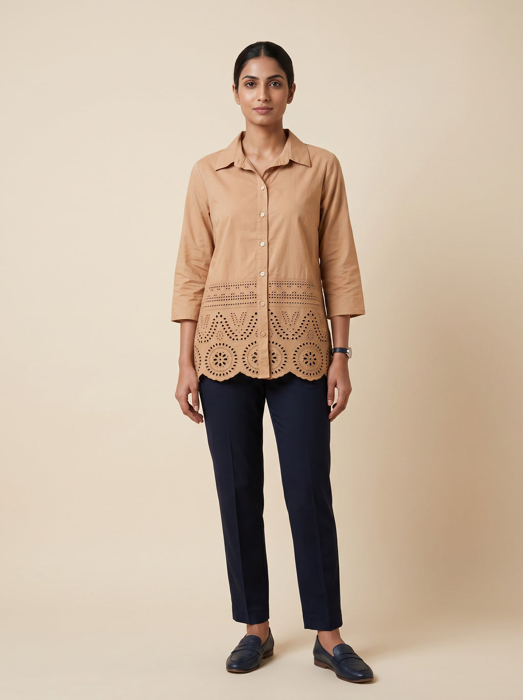 GLAMIRE FASHION Beige Cotton Blend Embroidered Short Kurti – image 2