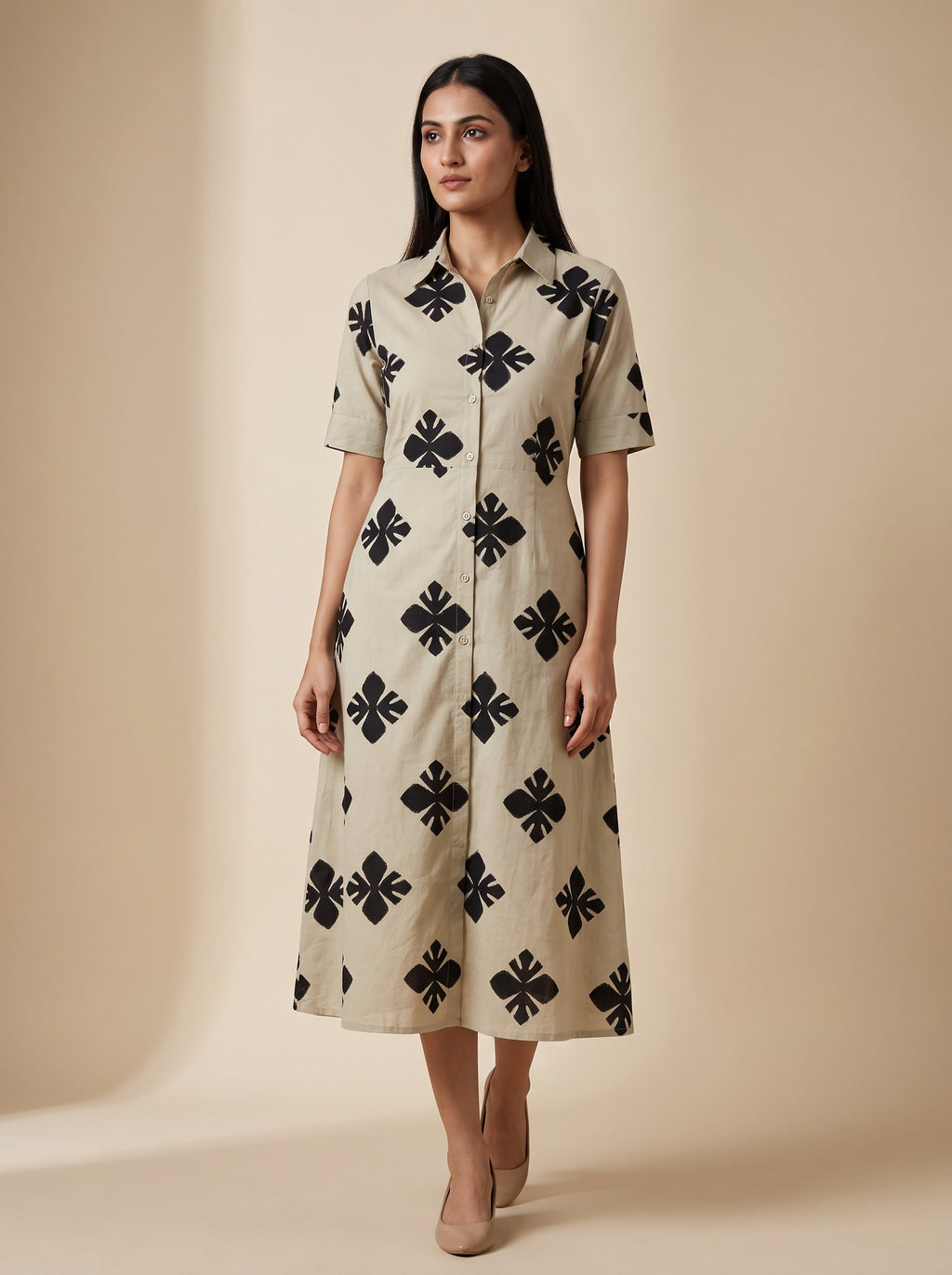 GLAMIRE FASHION Gray Printed Collared Slim Fit Cotton Blend Dress – image 2