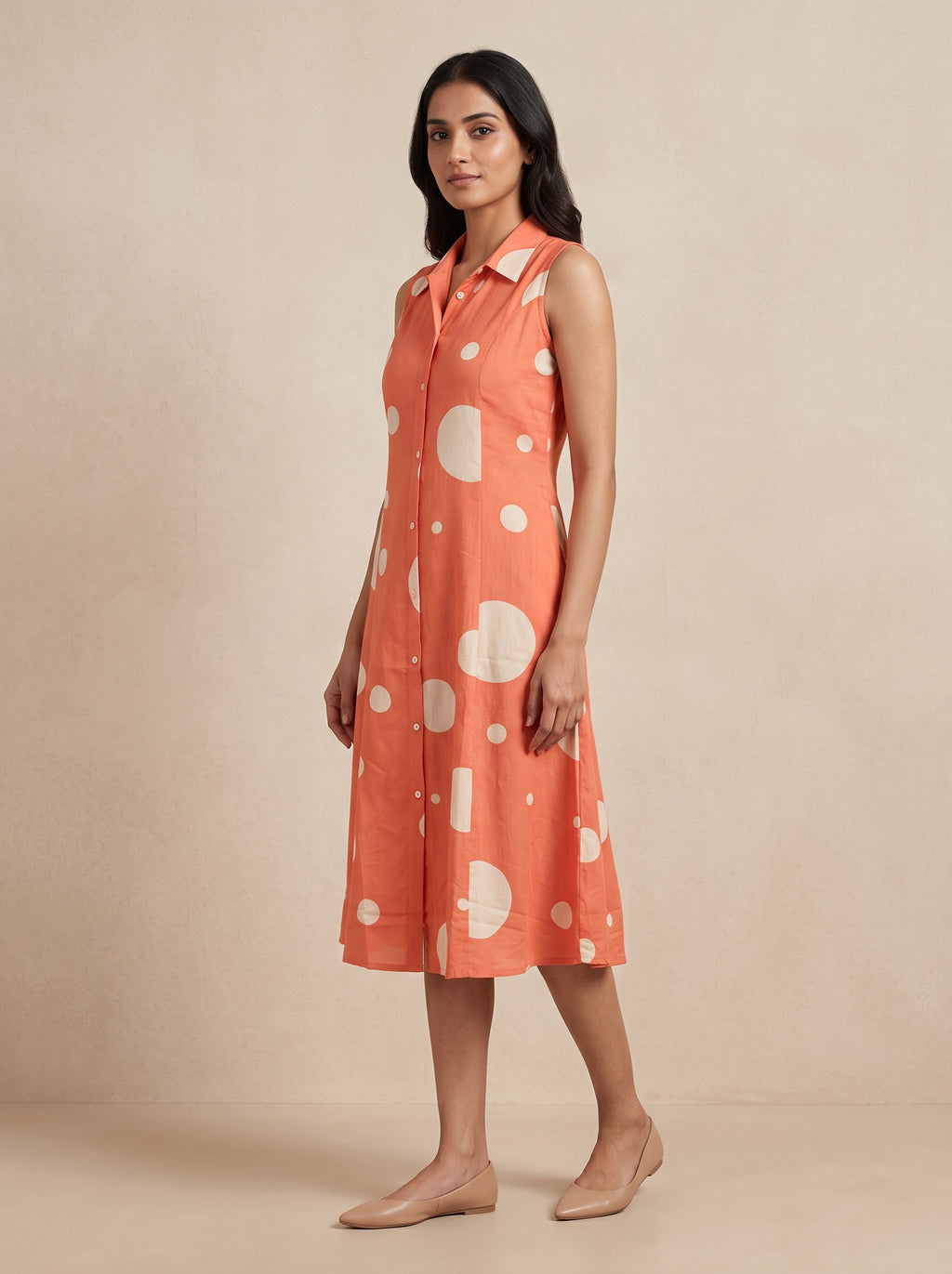 Orange Printed Sleeveless Collared Cotton Blend Dress – image 2