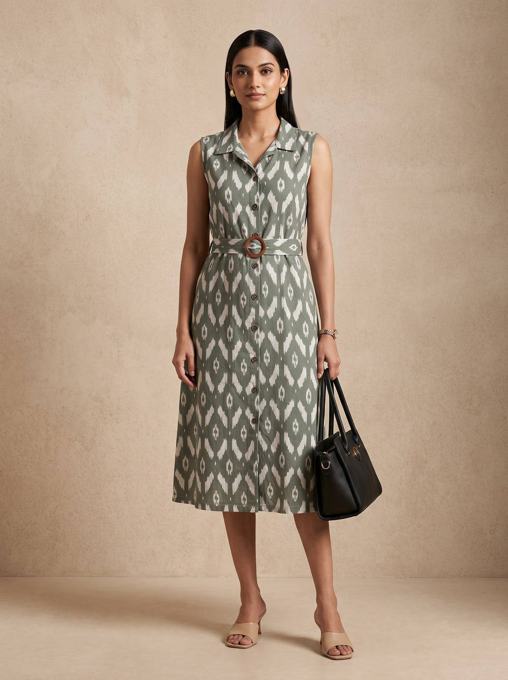 Light Olive Green Floral Print Sleeveless Cotton Blend Kurti – image 2