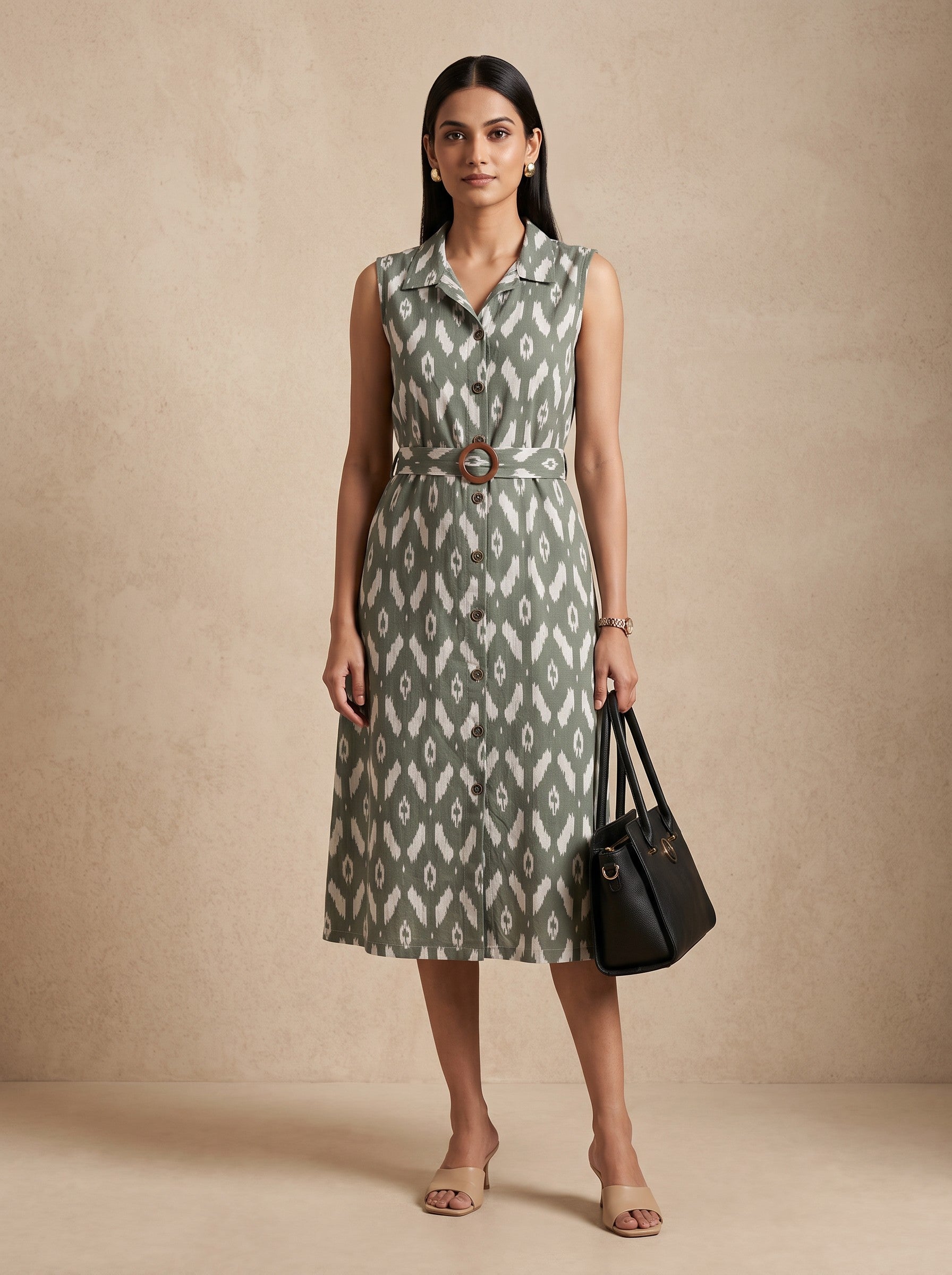 Light Olive Green Floral Print Sleeveless Cotton Blend Kurti – image 2