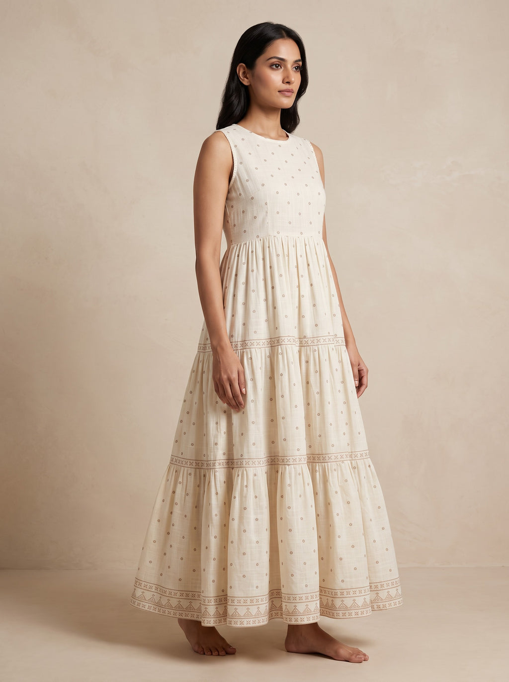 GLAMIRE FASHION Beige Embroidered Sleeveless Cotton Blend Dress – image 3