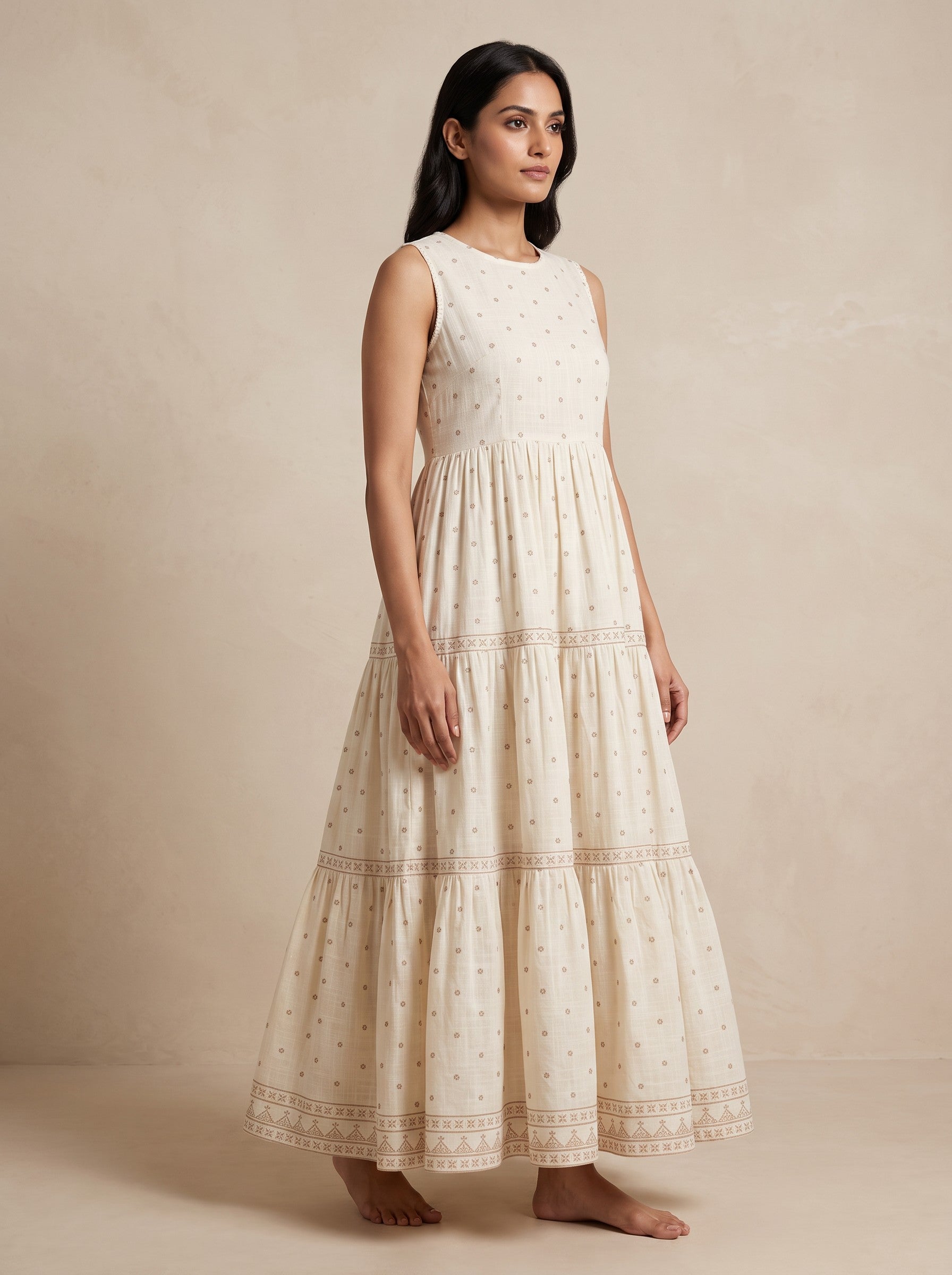 GLAMIRE FASHION Beige Embroidered Sleeveless Cotton Blend Dress – image 3