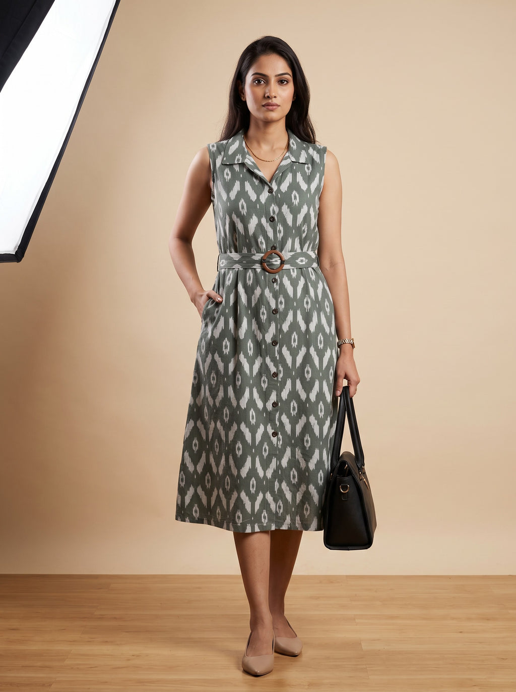 Light Olive Green Floral Print Sleeveless Cotton Blend Kurti – image 3