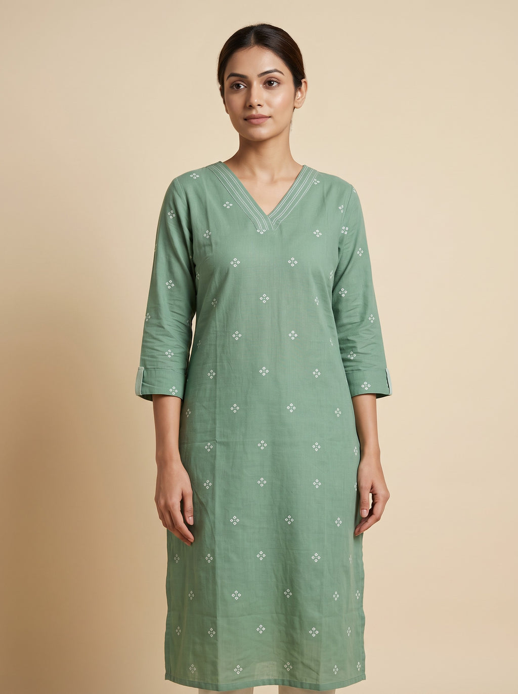 Pale Green Cotton Blend Floral Print Slim Fit Kurti Set – image 3