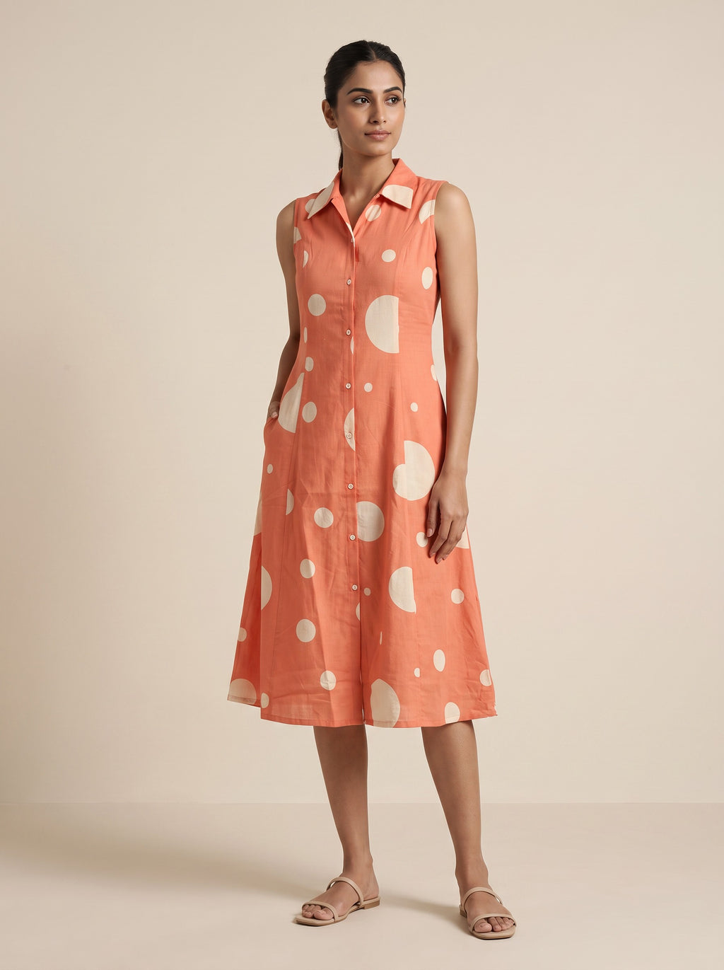 Orange Printed Sleeveless Collared Cotton Blend Dress – image 3