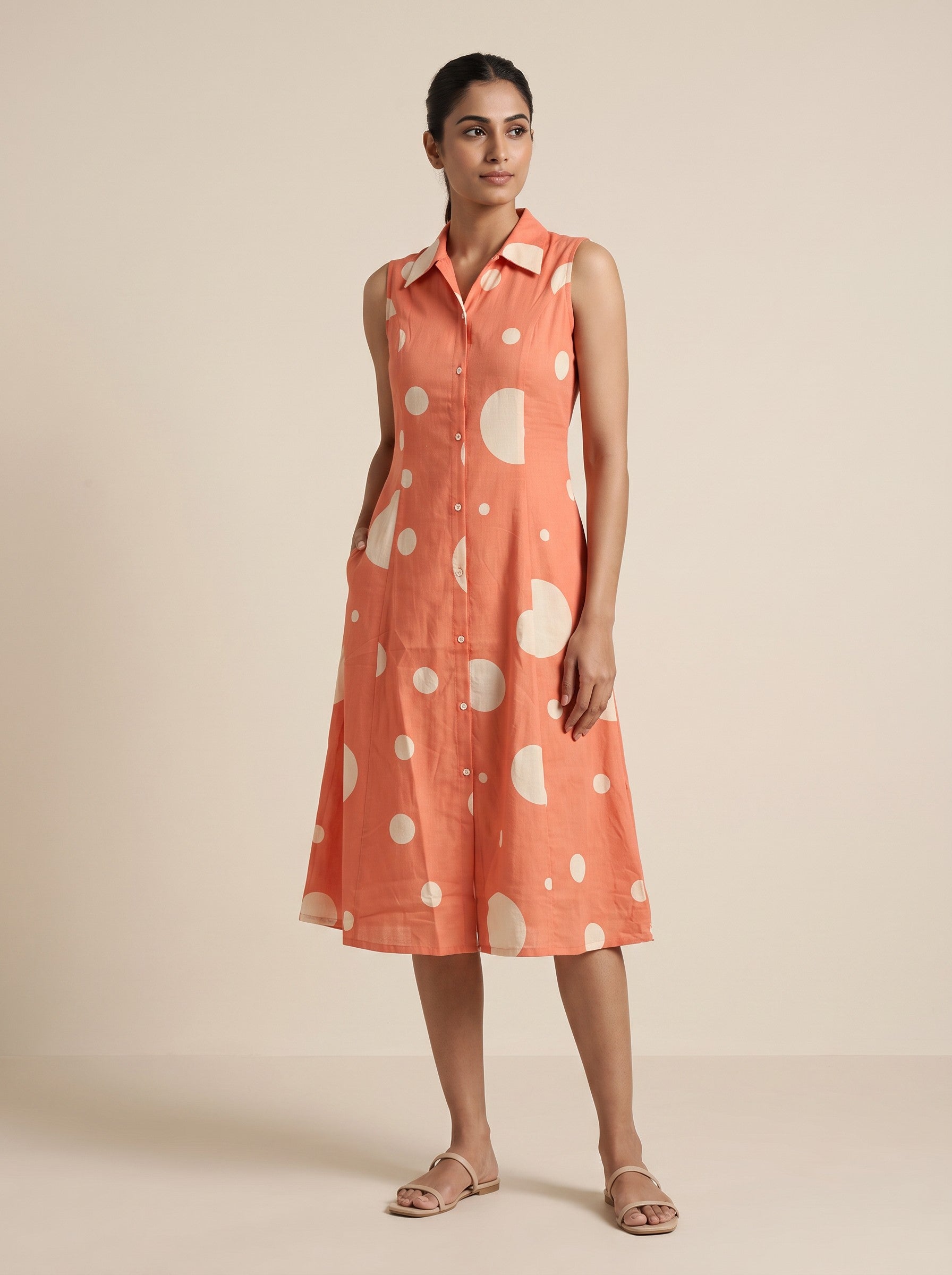 Orange Printed Sleeveless Collared Cotton Blend Dress – image 3