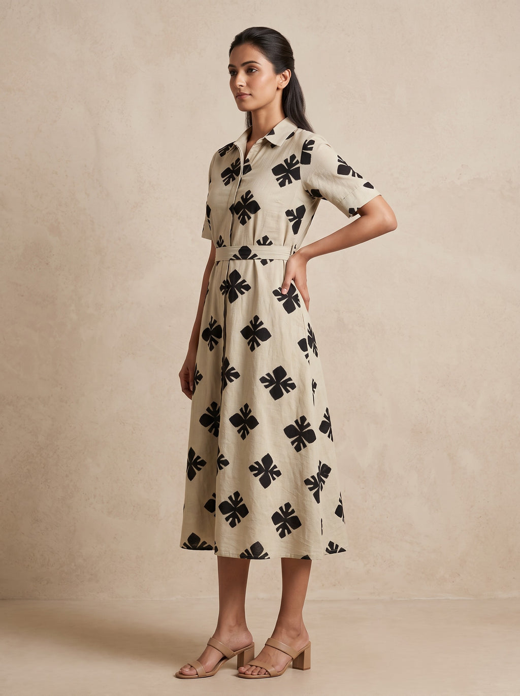 GLAMIRE FASHION Gray Printed Collared Slim Fit Cotton Blend Dress – image 3