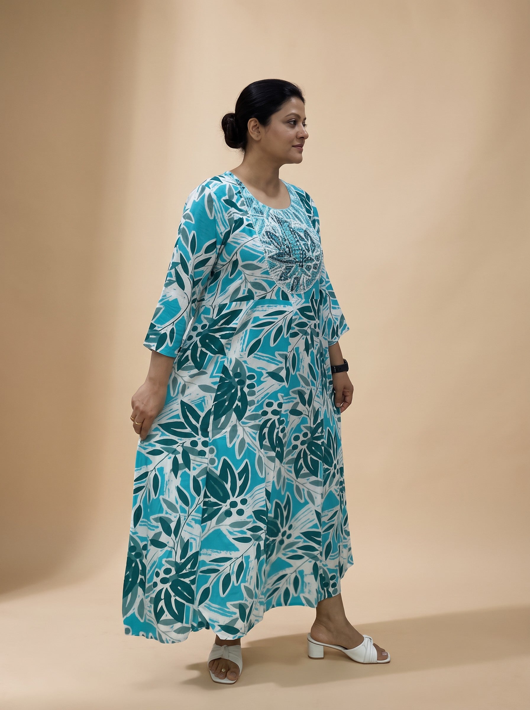 GLAMIRE FASHION Teal & Blue Printed Flared Rayon Maxi Dress – image 3
