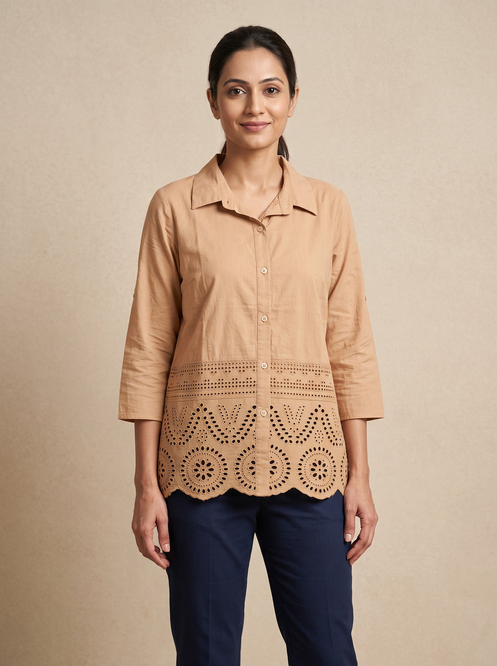 GLAMIRE FASHION Beige Cotton Blend Embroidered Short Kurti – image 3