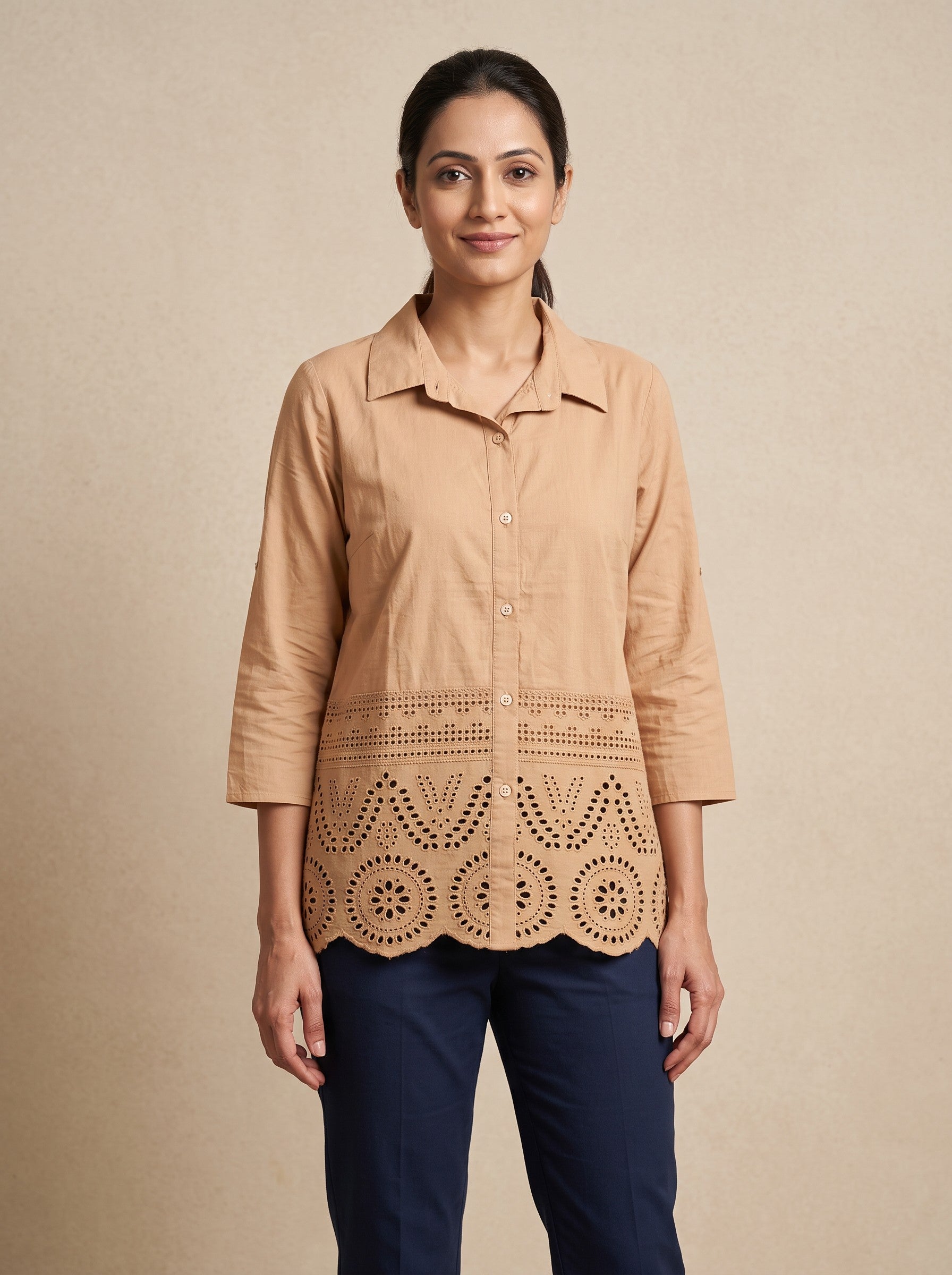 GLAMIRE FASHION Beige Cotton Blend Embroidered Short Kurti – image 3