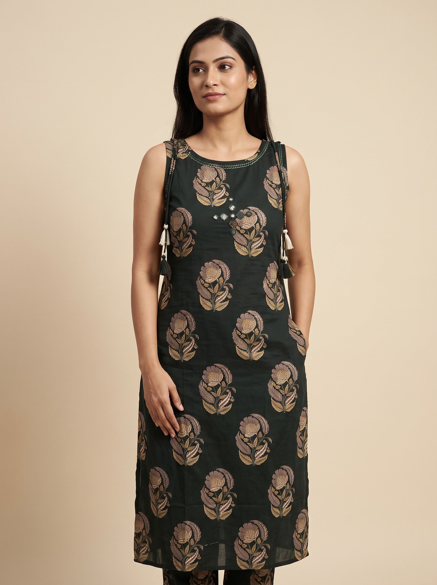 Dark Green Sleeveless Printed Cotton Blend Kurti with Bottom Wear – image 3