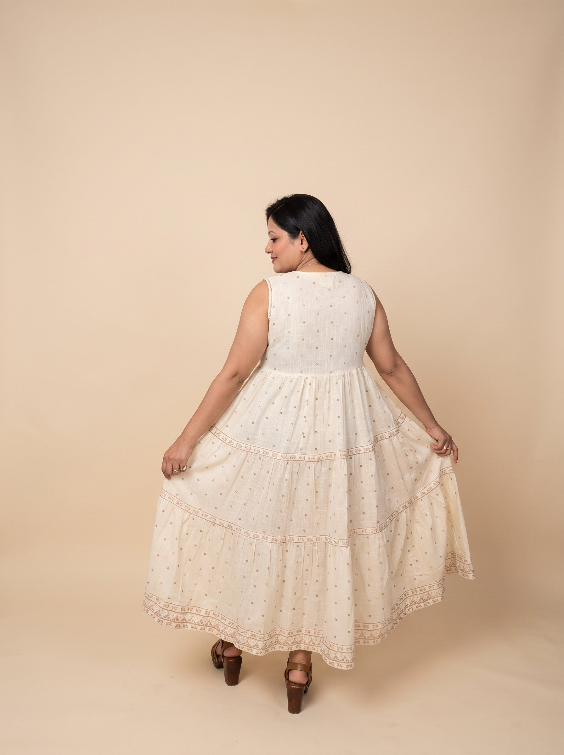 GLAMIRE FASHION Beige Embroidered Sleeveless Cotton Blend Dress – image 4