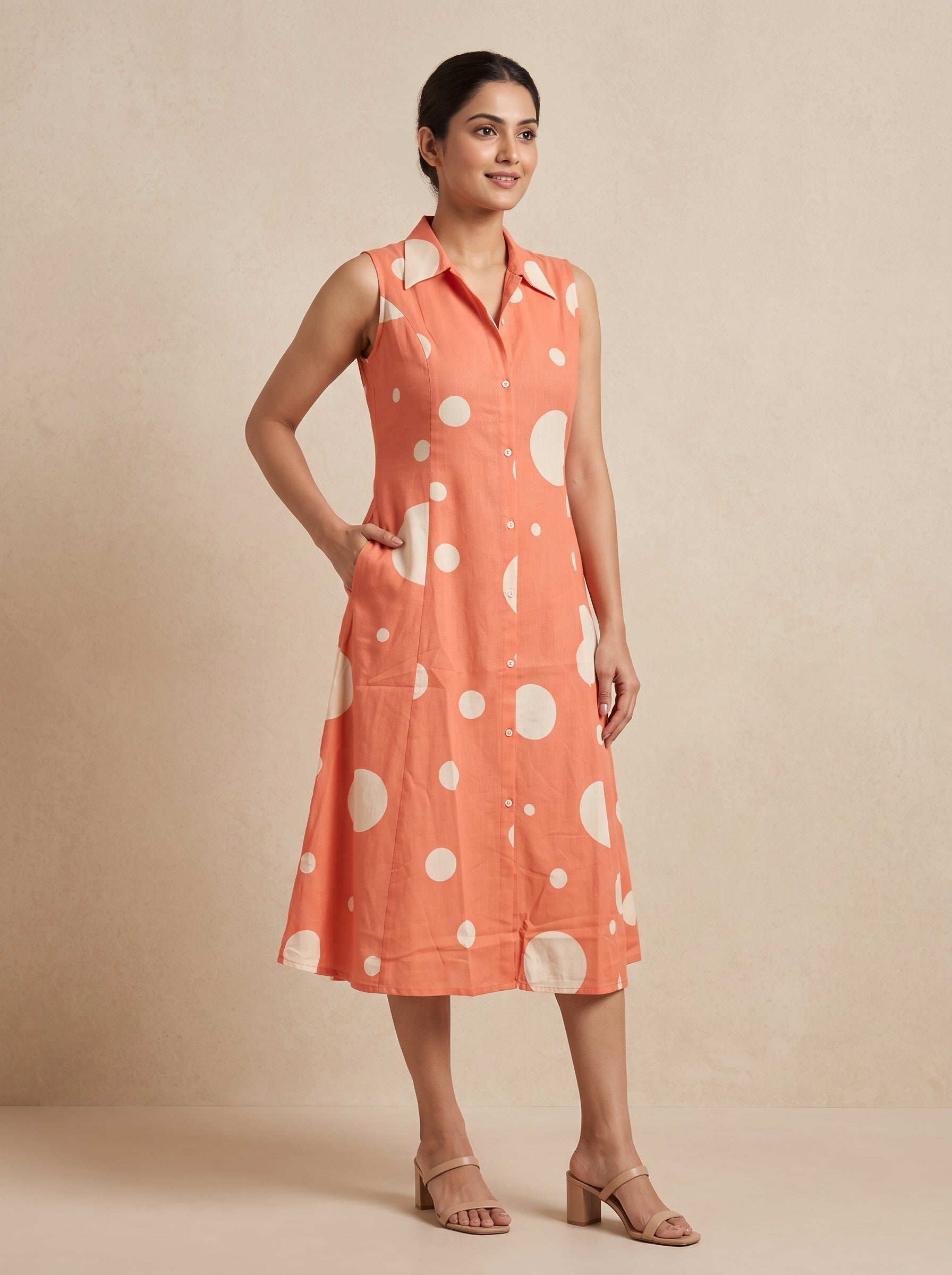 Orange Printed Sleeveless Collared Cotton Blend Dress – image 4