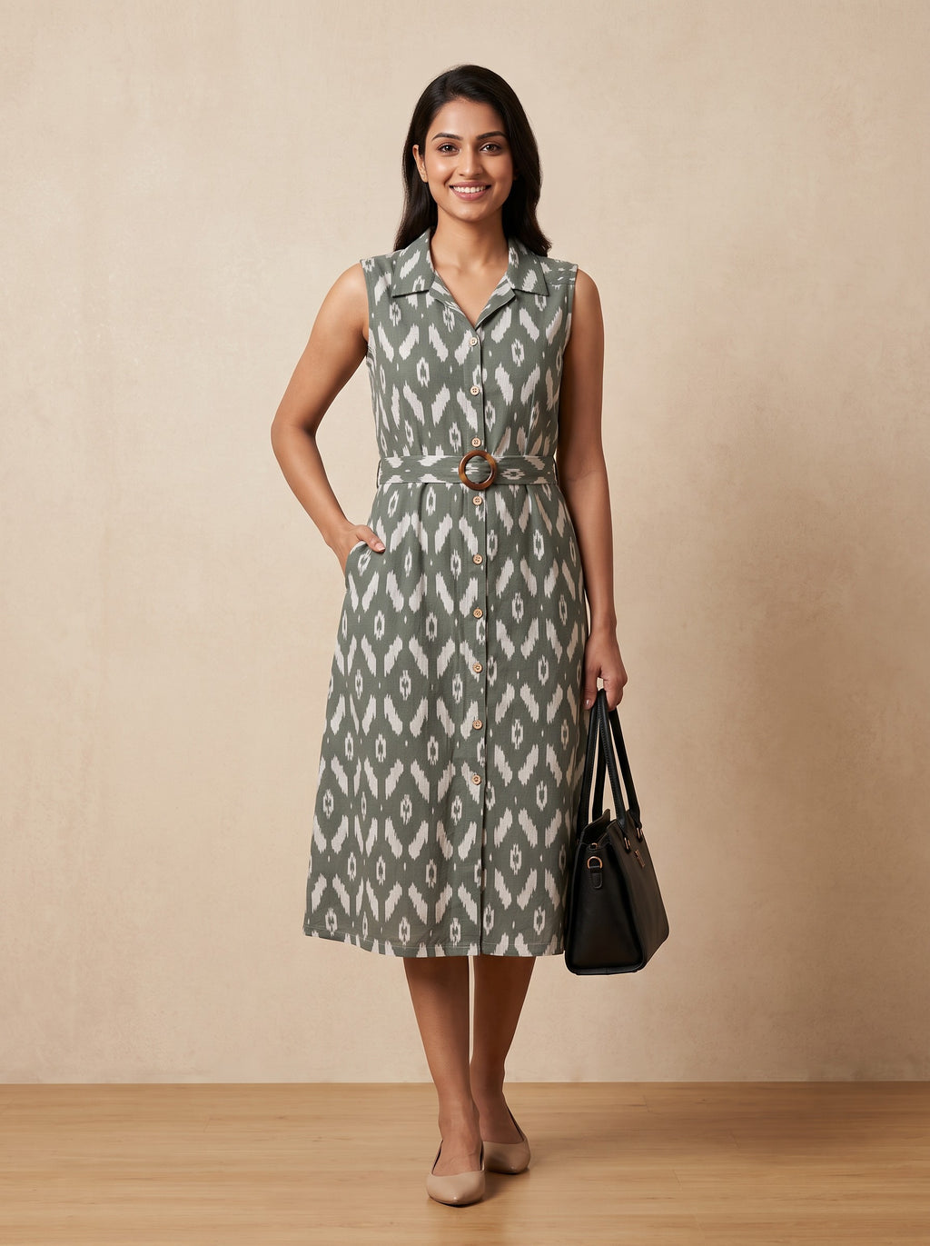 Light Olive Green Floral Print Sleeveless Cotton Blend Kurti – image 4