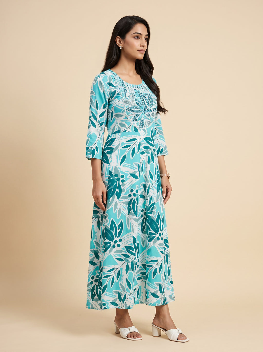 GLAMIRE FASHION Teal & Blue Printed Flared Rayon Maxi Dress – image 4