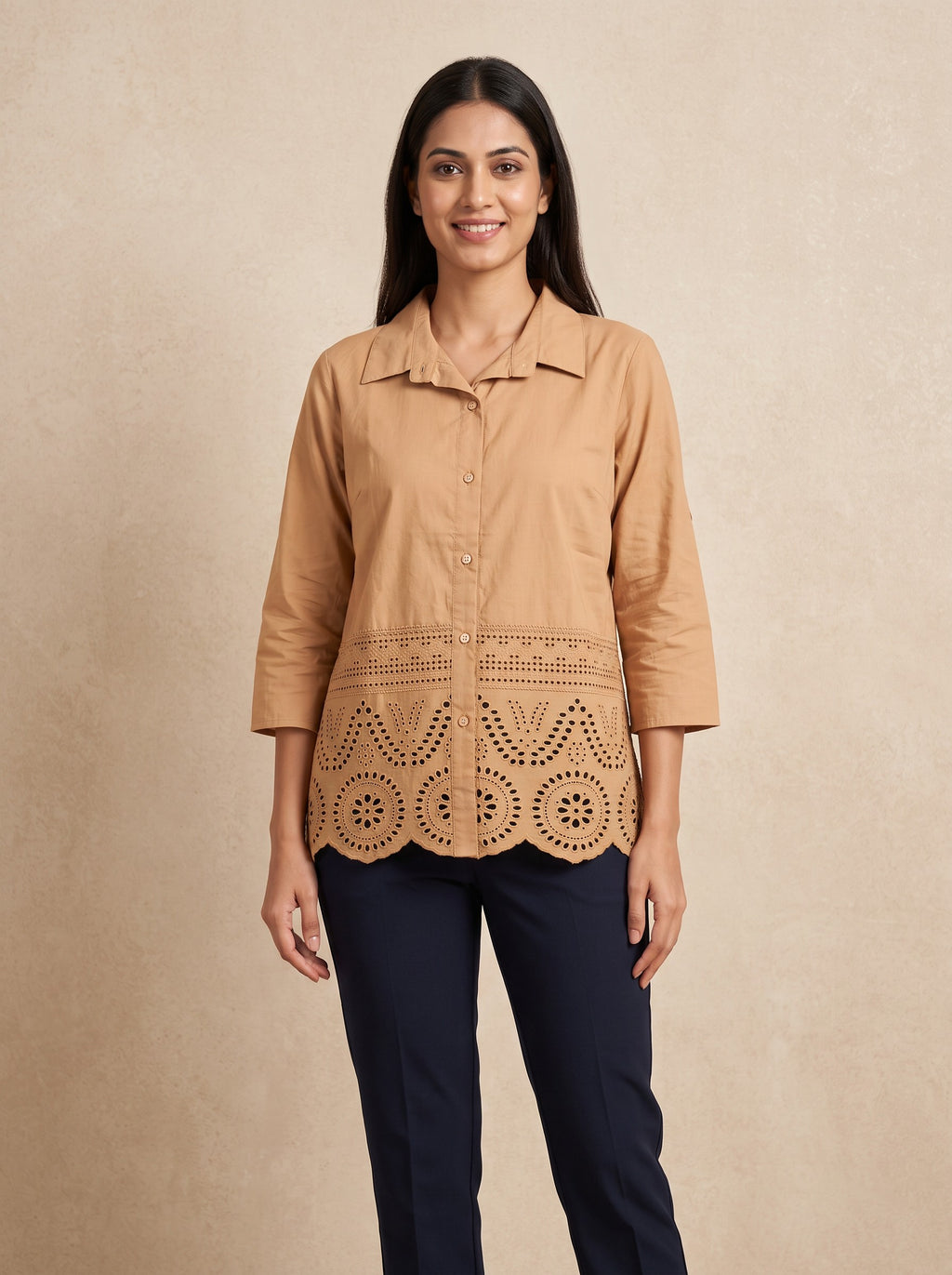 GLAMIRE FASHION Beige Cotton Blend Embroidered Short Kurti – image 4
