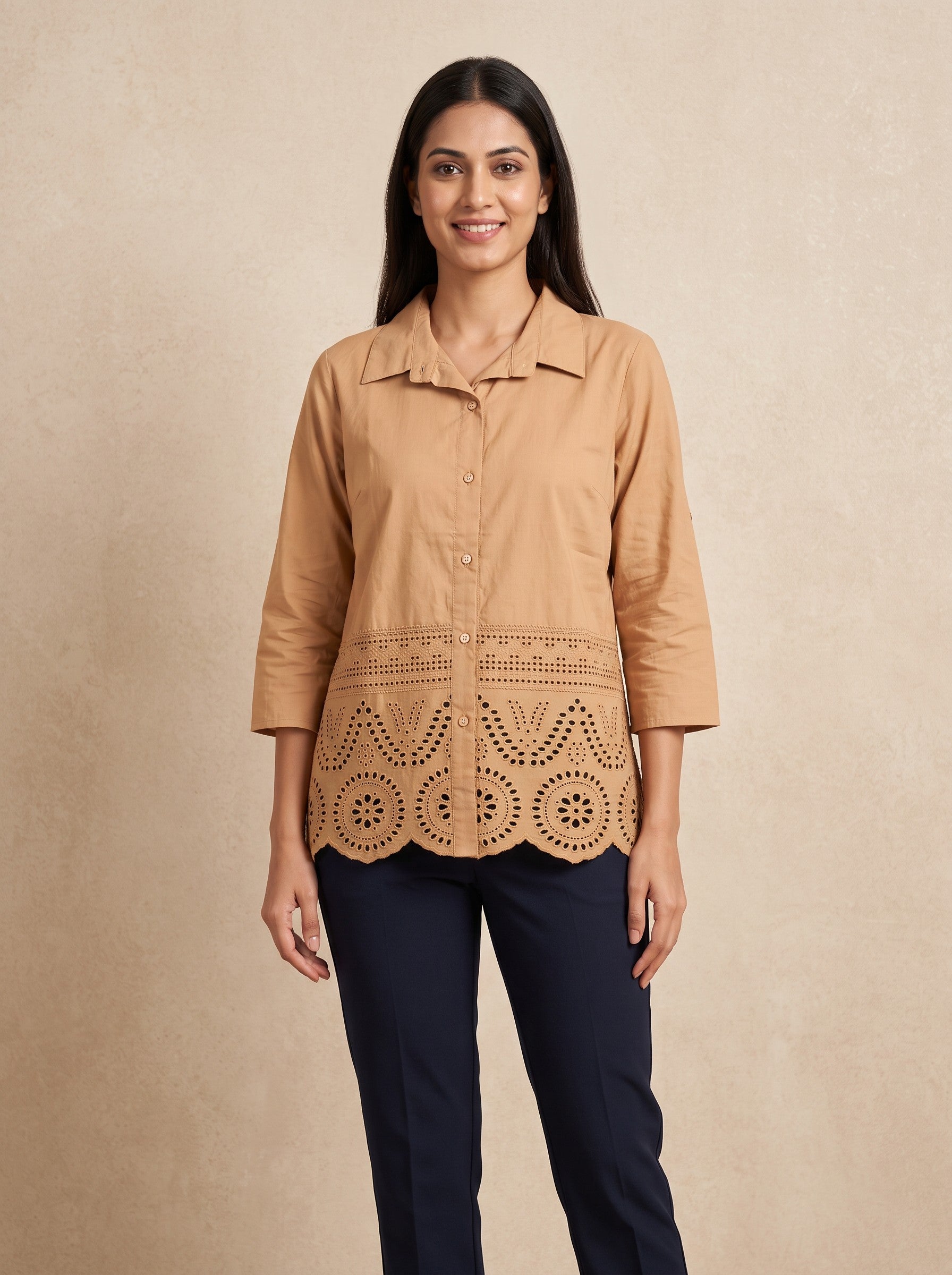 GLAMIRE FASHION Beige Cotton Blend Embroidered Short Kurti – image 4