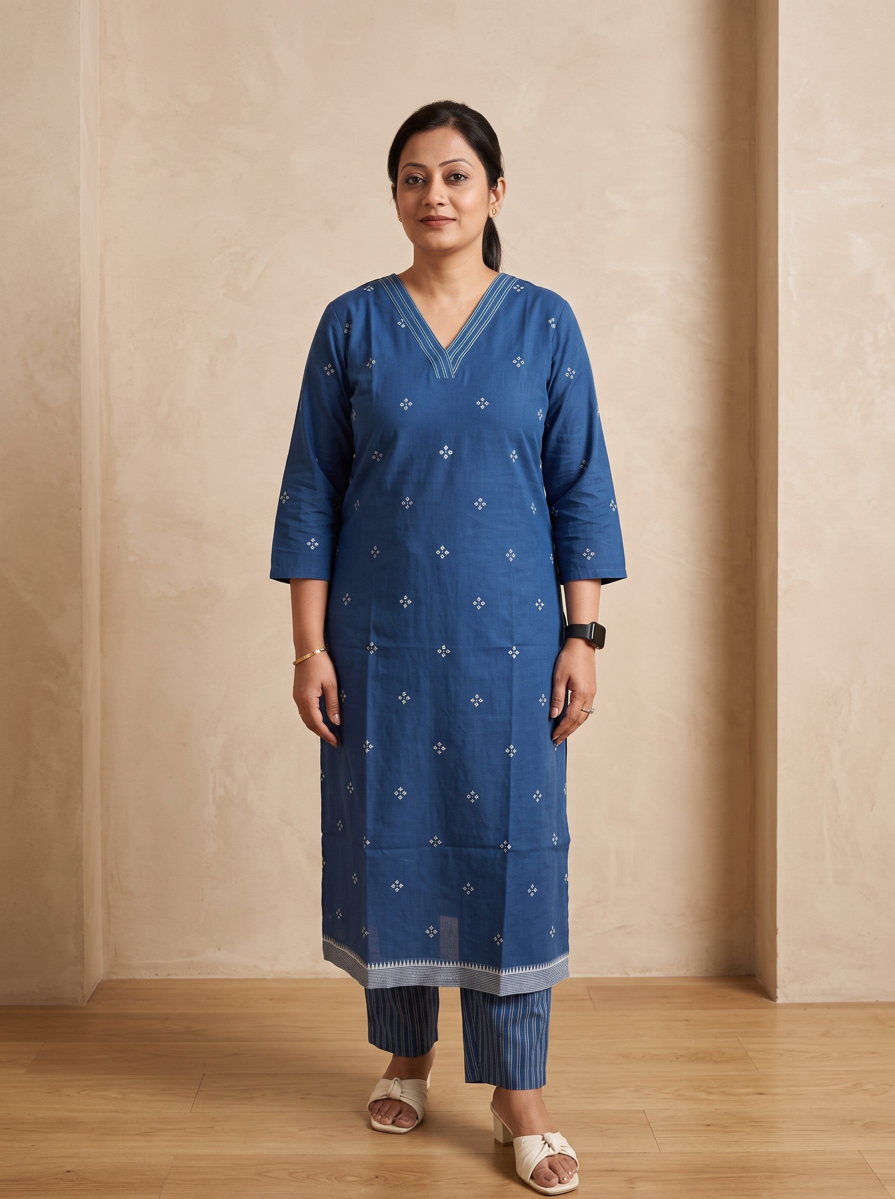 Deep Blue Floral Print Cotton Blend Slim Fit Kurta Set – image 4