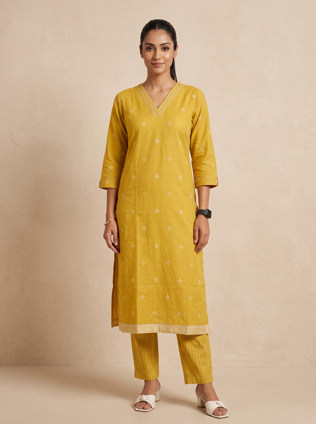 Yellow Cotton Blend Floral Print Slim Fit Kurti with Bottom Wear – image 4