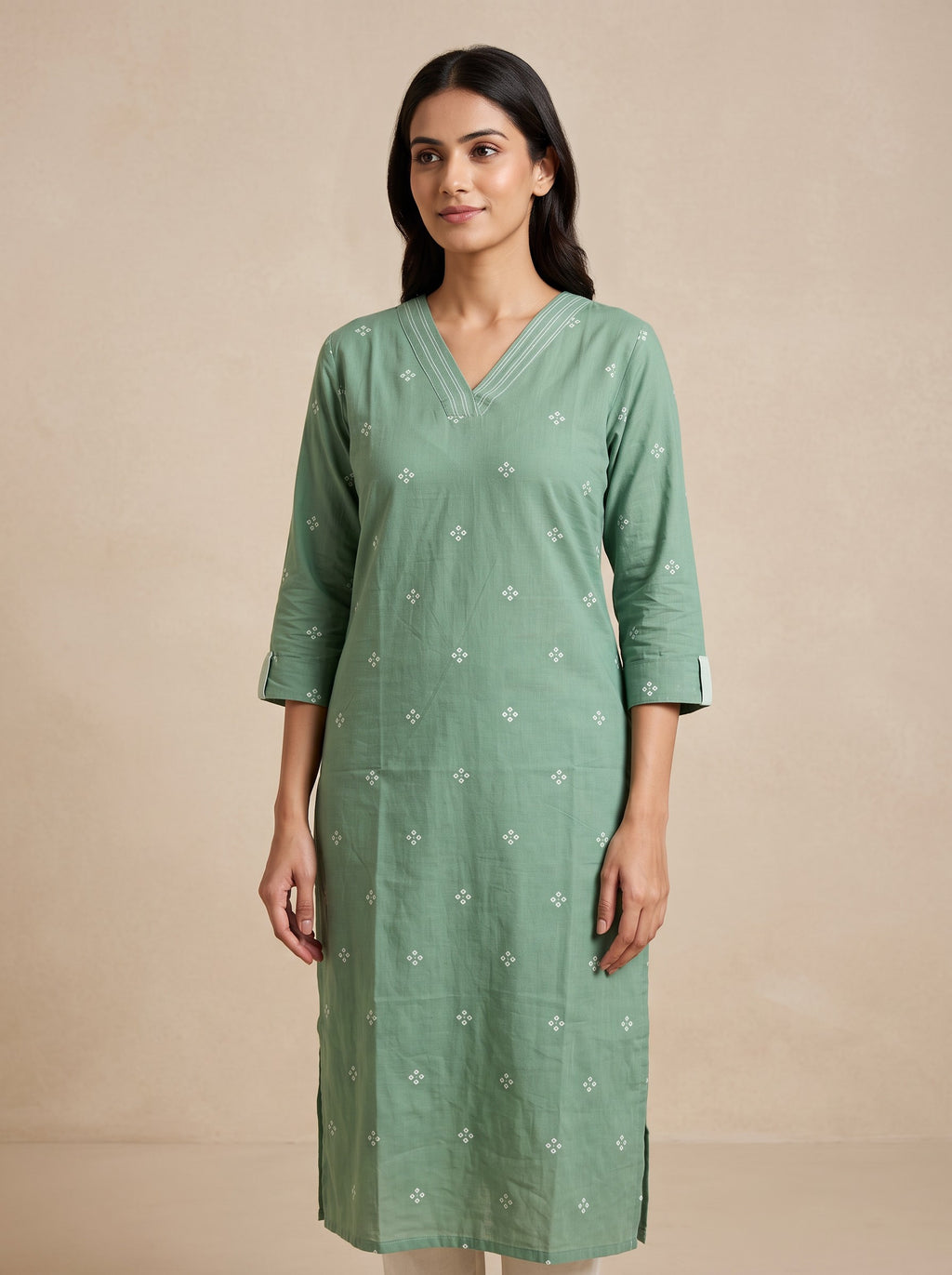 Pale Green Cotton Blend Floral Print Slim Fit Kurti Set – image 4