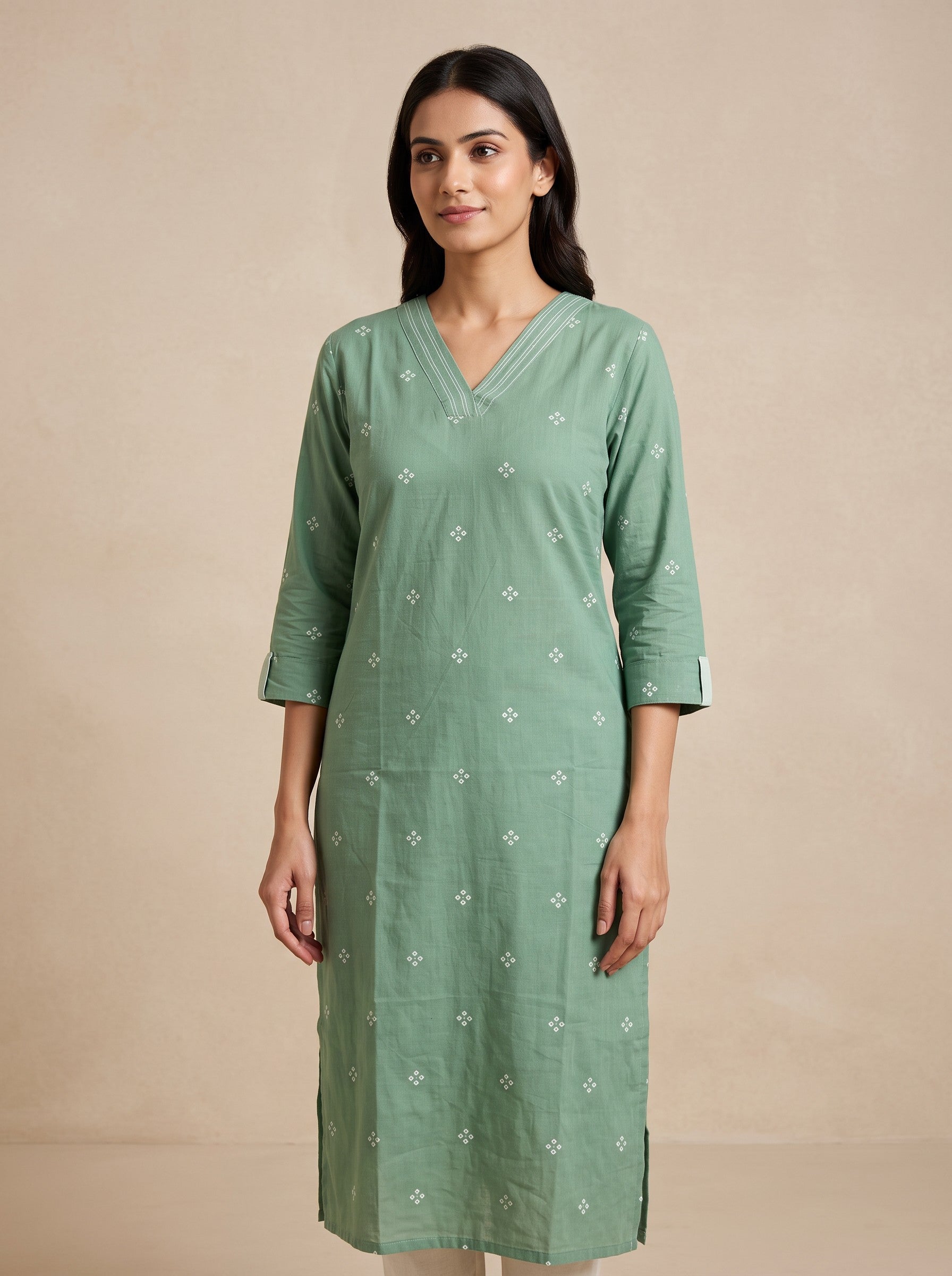 Pale Green Cotton Blend Floral Print Slim Fit Kurti Set – image 4